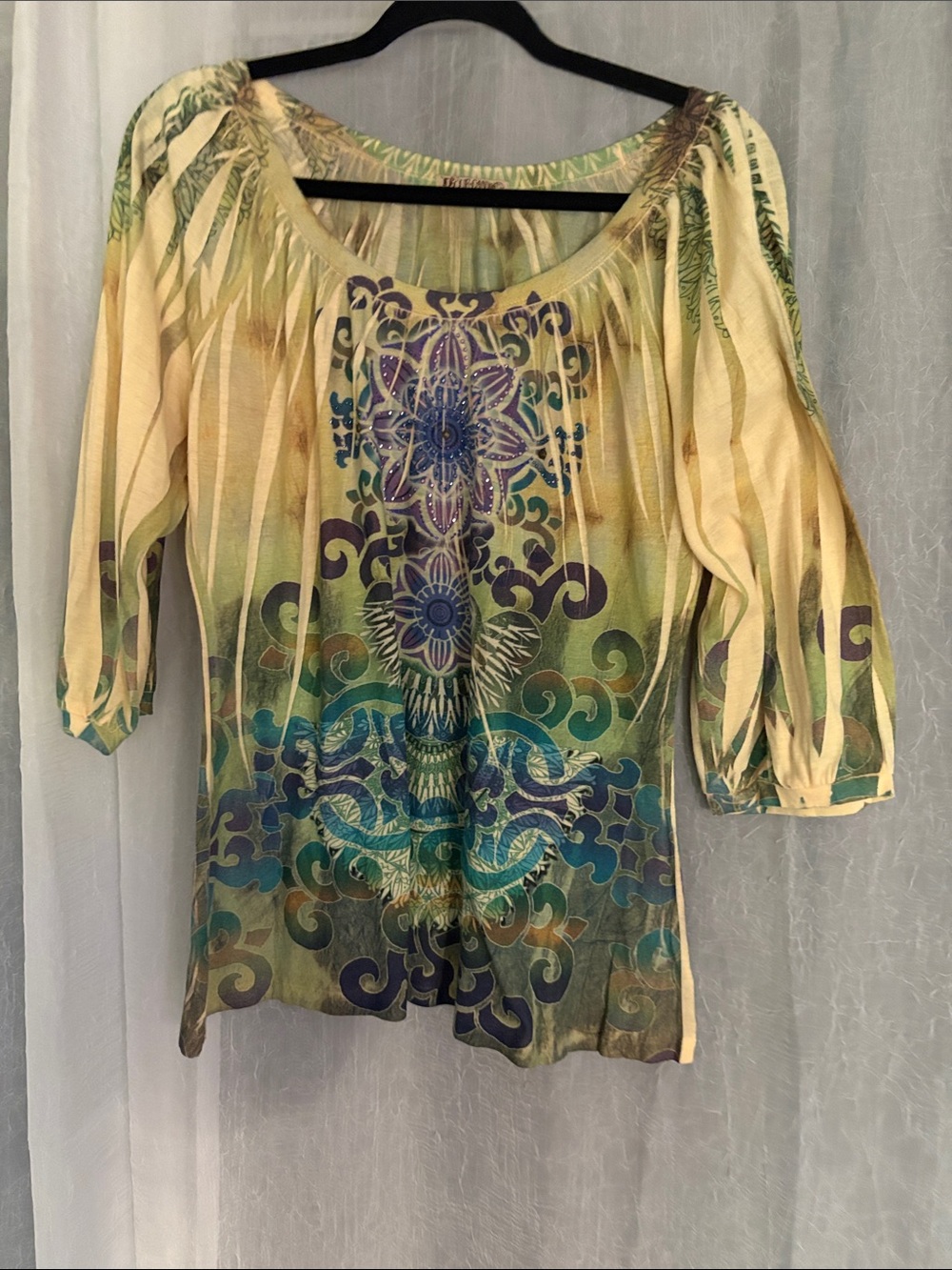 Women’s Boho Scoop Neck Blouse in Yellow and Green
